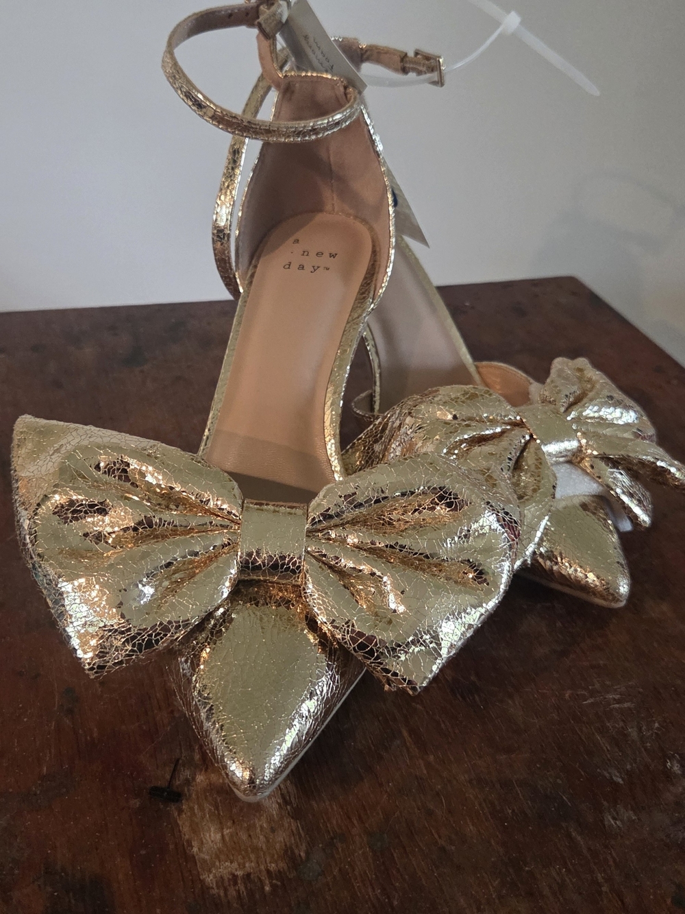 a new day Metallic Gold Bow Pointed-Toe Ankle-Strap Pumps